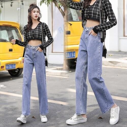 2020 New Blue High Waist Straight Jeans Plus Size Women Spring Casual Loose Wide Leg Jeans Trousers Girls Baggy Jeans Pants