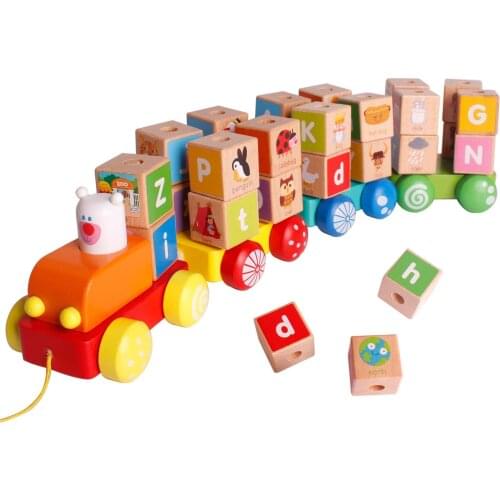 Dragging Wooden Train Toys Wooden Building Blocks 26 Pieces Letters Building Block Set Montessori Educational Toys