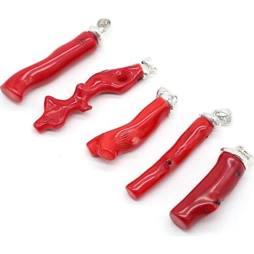 5Pcs Fashionable Red Coral Pendant With Hand-Carved Irregular Branch-Shaped Pendant For Jewelry Making Necklace 10x30-12x50mm