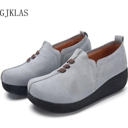 Size 43 Genuine Leather Platform Sneakers Wedge Ladies Loafers Shoes Spring Autumn Comfortable High Platform Sneakers for Girls