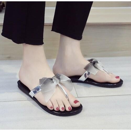 New women slippers fashion flip flops flat with outside summer grade school student shoes sweet lovely black silver butterfly