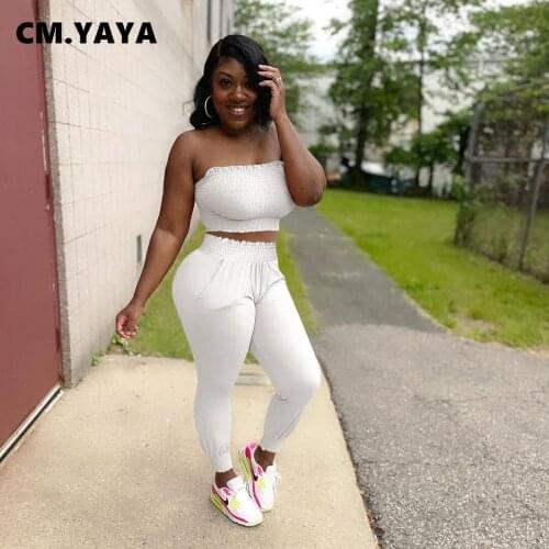 CM.YAYA Summer Streetwear Basic Womens Set Fashion Pleated Strapless Crop Tops and Pants Matching Two 2 Piece Set Tracksuit