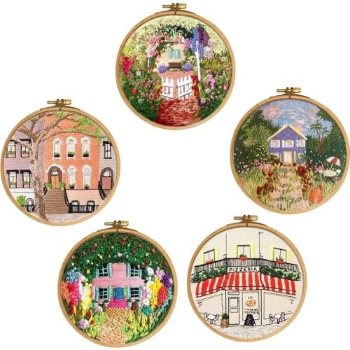 Embroidery Starter Kit - Colorful House Pattern, Pre-Printed Embroidery Cloth DIY Needlework Crafts