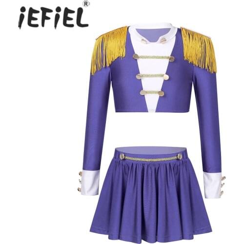 Kids Girls Long Sleeve Round Neck Crop Top with Mini Shirts Street Dance Level Examination Costume Jazz Stage Performance Wear