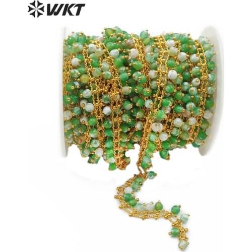 WT-RBC107 WKT New Arrivals Natural Green Colors Beans Gold Wire Wrapped Rosary Chain 5 Meter For Women Stylish Jewelry Making