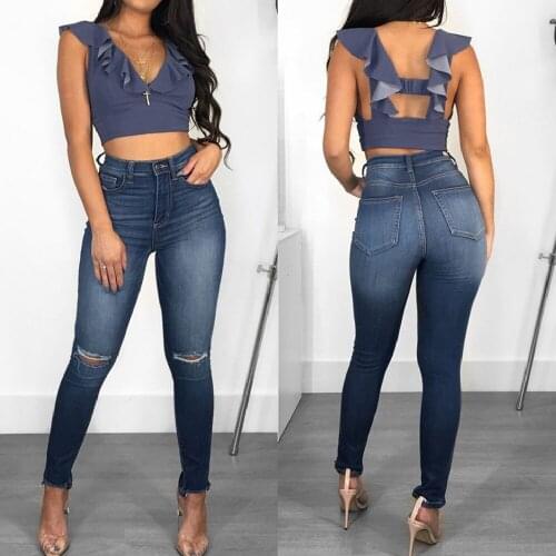 Womens Hole Ripped Jeans Smooth Zipper High Waist Wrapped Lifting Hip Sexy Skinny Slim Classic Stretch Denim Pencil Pants