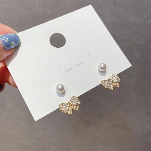 Bow Stud Earrings Pearl Cute Charm Small Design Jewelry For Women 2021 New Fashion Vintage Korean Accessories Wholesale