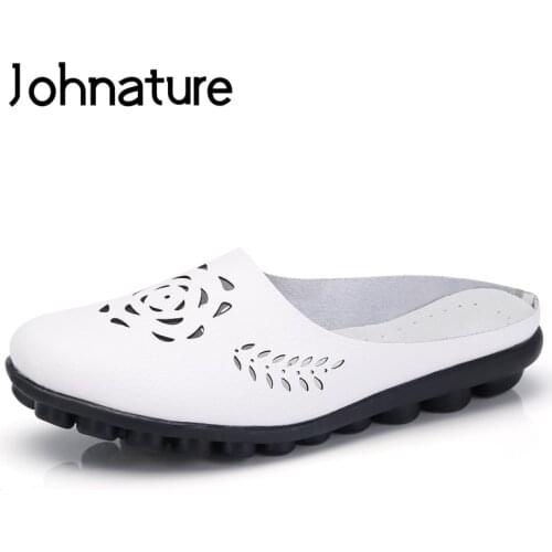 Johnature 2020 New Summer Genuine Leather Breathable Hollow Sewing Soft Sole Comfortable Outside Women Fashion Slippers Slides