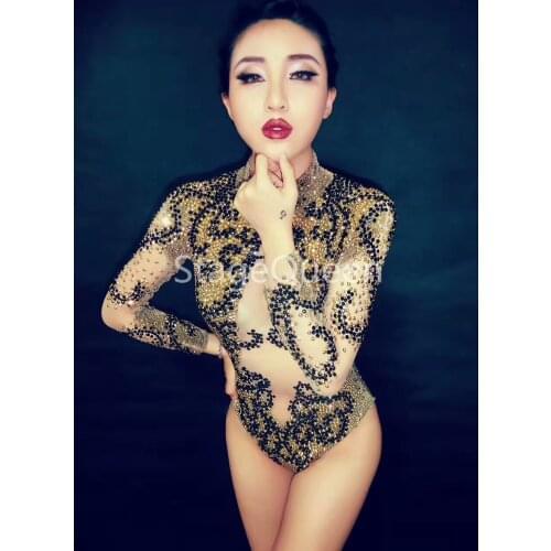 Women Stage Black Bling Bodysuit Gold Sparkling Crystals Jumpsuit Nightclub Party Stage Wear Performance Costumes DS DJ Bodysuit