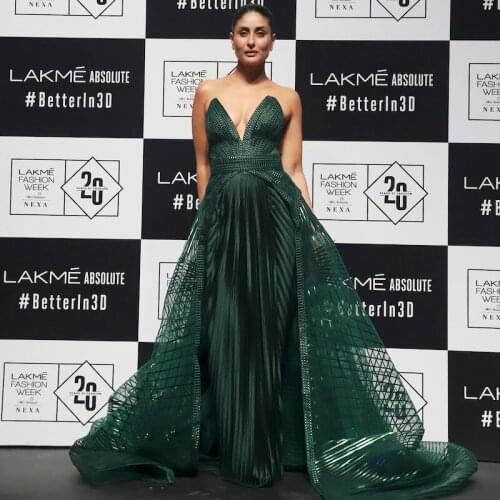 Elegant Dark Green Pleated Long Prom Gowns With Detachable Train Beaded Crystal Women Formal Dresses Celebrity Dress