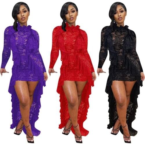 Women Lace Ruffle Collar Irregular Mopping Dress Autumn Long Sleeve Party Night Sheer Mesh Lady Floral Lace Slim Club Dresses