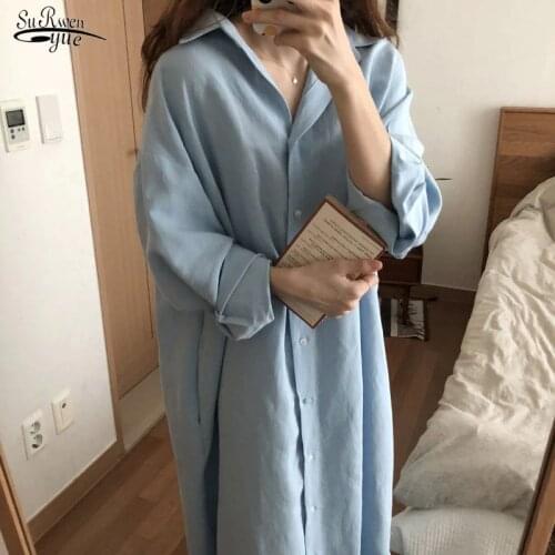 Vintage Cotton Dresses Vestido Autumn Blue Long Shirt Dress Long Sleeve Button Wild Loose Dresses Women 2021 Robe Femme 9649