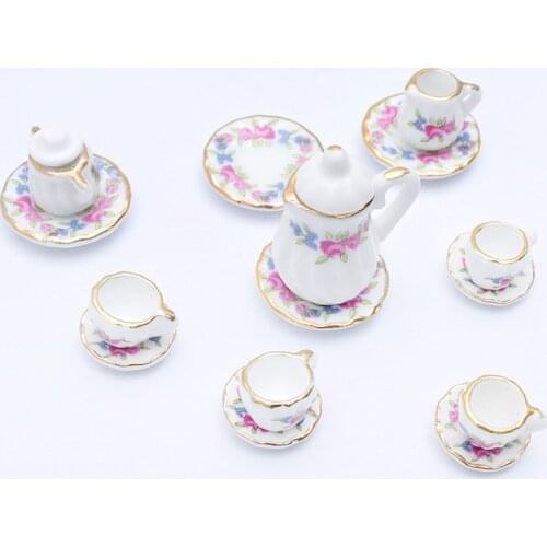 19 Patterns 1:12 Miniature 15pcs Porcelain Tea Cup Set Chintz Flower Tableware Kitchen Dollhouse