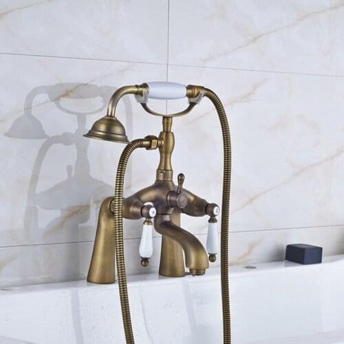 Antique Brass Deck Mounted Bathroom Tub Faucet Dual Ceramics Handles Telephone Style Hand Shower Clawfoot Tub Filler aan008