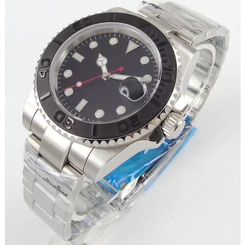 40MM Black Sterile Dial NH35A Business Automatic Mens Watch 21 Jewels MIYOTA 8215 Magnifier Clear Glass Back Bezel Insert