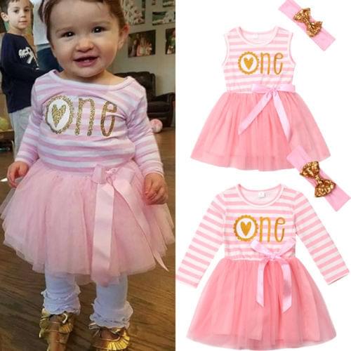 Citgeett Newborn Baby Girl Sleeveless/Long Sleeve Striped Pink One Birthday Tulle Party Dress Summer Cute Headband