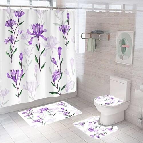 Blooming Flowers Shower Curtain Sets with Rugs Toilet Seat Cover Bathroom Decor Bath Rug and Mats Sets with Hooks