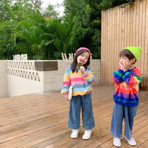 3852 Baby Kids Hoodies Korean Autumn Sweatershirt Rainbow Striped Pullover for Boys and Girls Long Sleeve Loose Tops