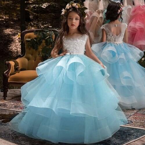 Teens Weddings Party Flower Girl Dress for Girls Lace Beading elegant Fluffy Bridesmaid Dresses Open back long Pageant Gown