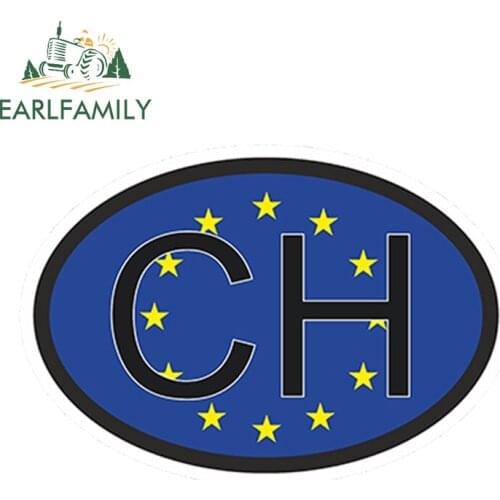EARLFAMILY 13cm x 9.75cm Car Styling Waterproof Ch Switzerland Country Code Oval With European Union Flag For Helmet Car Sticker