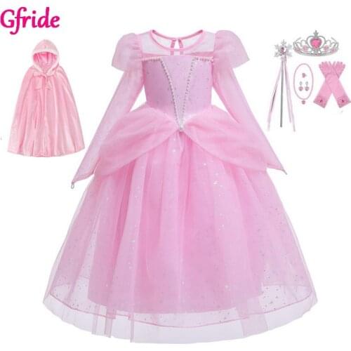 Girls Costume With Long Cape (90-100 cm) For Kids Princess snow queen Dress Up Halloween Fancy Party Dress pink
