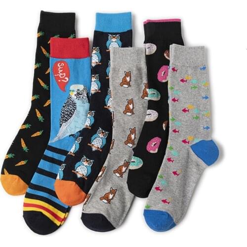 Fashion Harajuku Hip Hop Street Trend Men Combed Cotton Socks Creative Owl Fox Doughnut Novelty Pattern Happy Casual Skate Socks