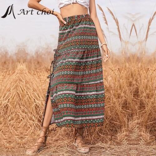 Summer Spring Midiskirt Women Long Skirts High Waist Print Ethnic style Elegant Slit Bandage Laced Up Female A-line Retro Outfit
