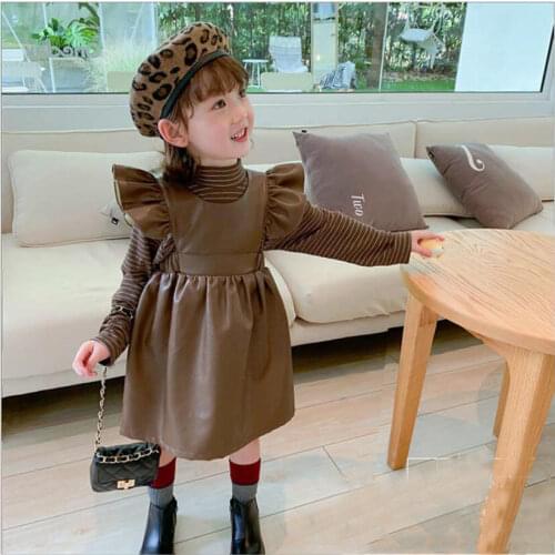 2-6 Years Autumn Girls Fashion Suit Including Pu Leather Suspender Dress+Long Sleeve T-Shirt Baby Kids Children Clothing Set