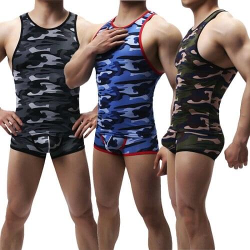 Sexy Mens Undershirts Camouflage Tank Tops Breathable Fitness Casual Vests Boxer Shorts Bulge Pouch Underwear Men Clothes Set
