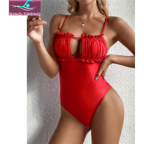 2021 Sexy Backless Monokini One Piece Swimsuit Women Solid Ruched Swimwear Female Wrinkle Ruffled Frilled Bather Bathing Suit