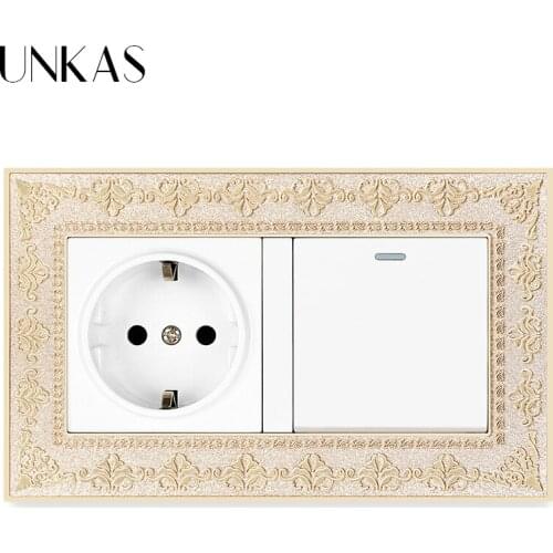 UNKAS 4D Zinc Alloy Metal Panel Russia Spain EU Standard Socket + 1 Gang 1 / 2 Way On / Off Light Switch Embossing Retro Frame