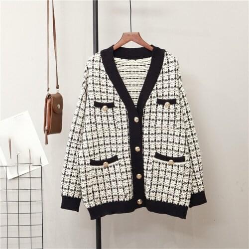 Urifens Check Button Cardigan Sweater Cardigan Women Loose Pocket V-neck Long Sleeve Knitted Cardigan Jumpers Female LBJ1751