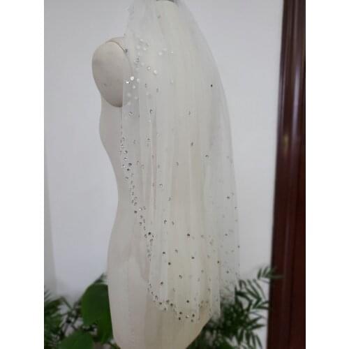 1 Tier White Ivory Fingertip Veils Crystals beaded Bridal Wedding Veil With Comb
