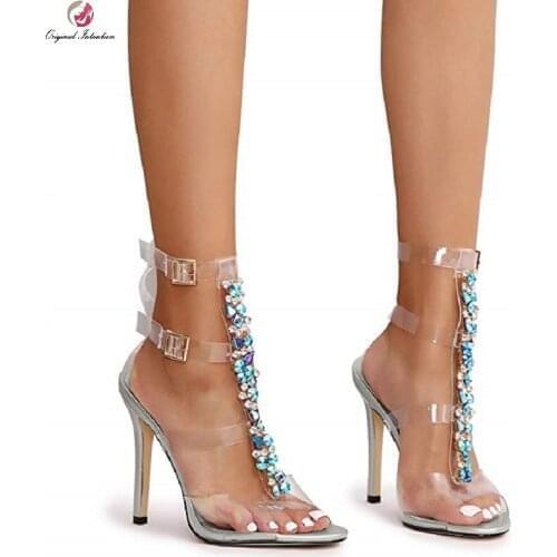 Women High Heels Rhinestones Ankle Strap Buckle Gem Clear Stiletto High Heels Gladiator Transparent Strip Sandals Big Size 35-43