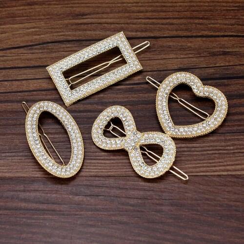 Gold geometry crystal and pearl hair clip rhinestone heart barrette hairpin for women girls wedding party Jewelry accessories