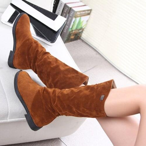 2020 New Autumn Winter Women Boots Matte Flock Boots For Female Ladies Height Increased Low Heel Shoes Woman Mid Calf High Boots