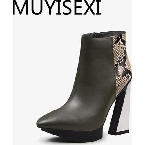 Modern fashion mixed colors 11cm platform high strange heels genuine leather pointed toe sexy women zipper boots HL314 MUYISEXI