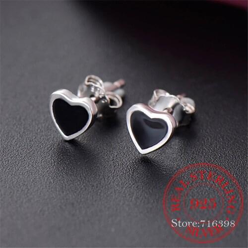 925 Sterling Silver Black Enamel Heart Stud Earrings For Women Wedding Gift Female pendientes mujer moda aretes de mujer