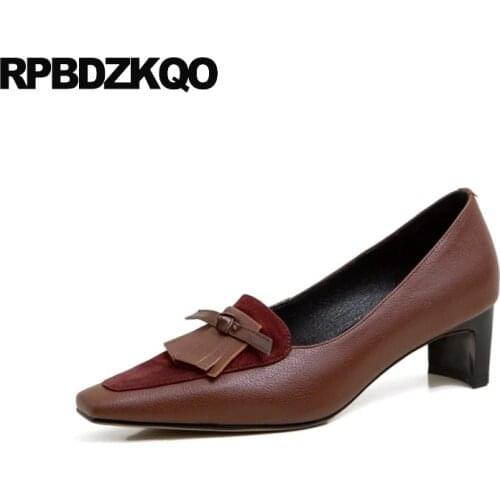 Bow High Heels Sheepskin Shoes Women Brown Medium Strange Pointed Toe Pumps Fringe Runway Suede Tassel Block Genuine Leather