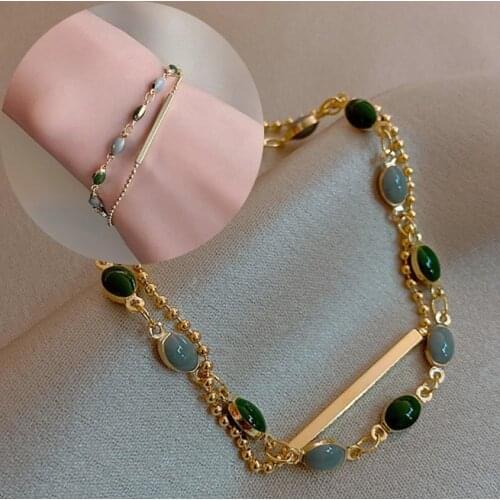 2021 Korea Hot Selling Fashion Retro Jewelry Simple Green Beaded Two Layers Bracelet Womens Daily Wild Bracelet