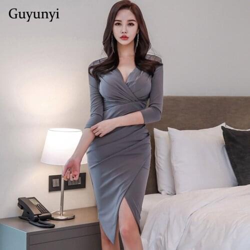 Solid Color Office Lady Dress Autumn Sexy V-Neck Folds High Waist Slim Three-Quarter Sleeves Asymmetry Elegant Party Dress Women