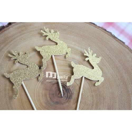 12pcs Reindeer Cupcake Toppers. Christmas. Holidays. Prancing Reindeer. Gold Glitter. Dessert Decor. Party Supplies. Paper Goods