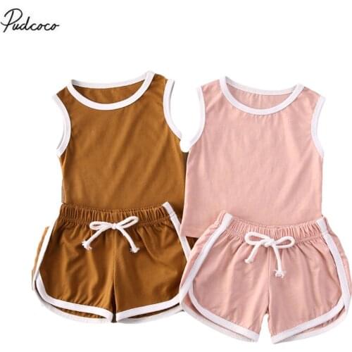 2020 Summer Casual 0-5Y Kids Baby Boys Girls Clothing Set Solid Knitted Sleeveless Top Vest+Shorts Soft Cotton Loose 2pcs Outfit