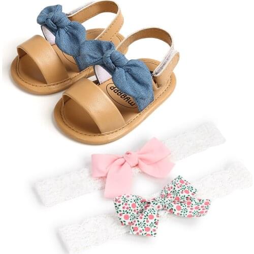 2021 Baby Girls Bow Knot Sandals with 2 Pcs Hairband Cute Summer Soft Sole Flat Princess Shoes Infant Non-Slip First Walkers