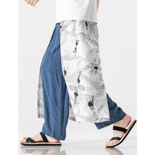 #2555 Summer Retro Cotton Linen Kimono Wide Leg Pants Elastic Waist Plus Size 5XL Thin Vintage Hip Hop Pants Men False Two Piece