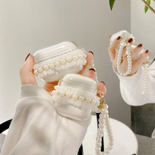 INS Retro Lace Pearl Decor Headset Case for Apple Airpods 1 2 Pro 3 Bluetooth Earphone Headset Box Cute Pearl Bracelet Key Ring