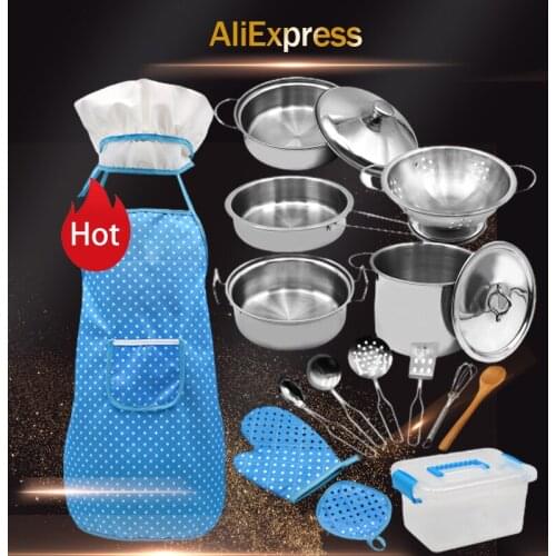 Kids Cooking and Baking Set 18 PCS with Chef Hat Apron Oven Mitt Pan Kitchen Utensils Children Chef Role Playset Educational toy