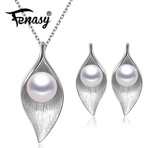 FENASY 925 Sterling Silver Pendant Necklace Natural Pearl Jewelry Sets For Women Classic Stud Earrings Fashion Party Rings