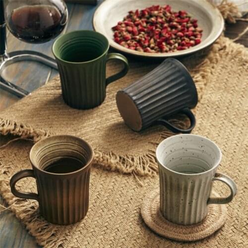 Japanese Retro Striped Ceramic Coffee Cup with Handle Creative Tea Cup Handmade Coarse Pottery Milk Water Mug Office Drinkware