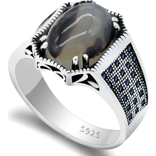 Natural stone ring 925 sterling silver agate stone vice stone blue zircon antique hold lucky ring womens mens Turkis